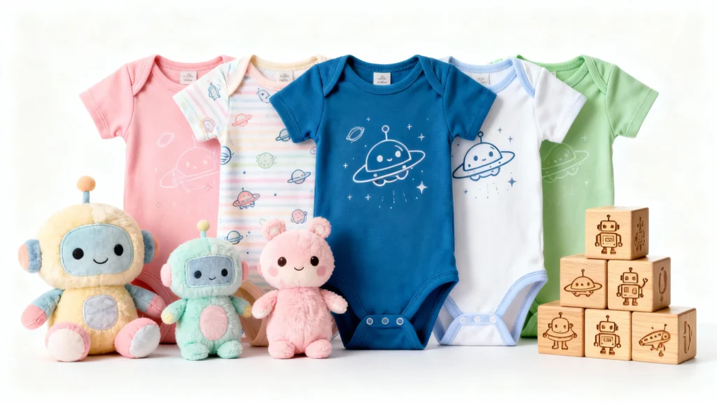 Colorful baby onesies with space and robot designs, plush toys, and wooden blocks with robot engravings for baby's first Christmas gifts