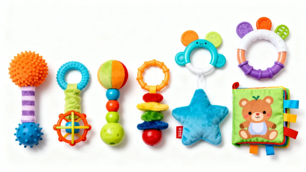 Colorful baby sensory toys including textured rattles, teething rings, plush star, and a soft fabric book with a bear illustration