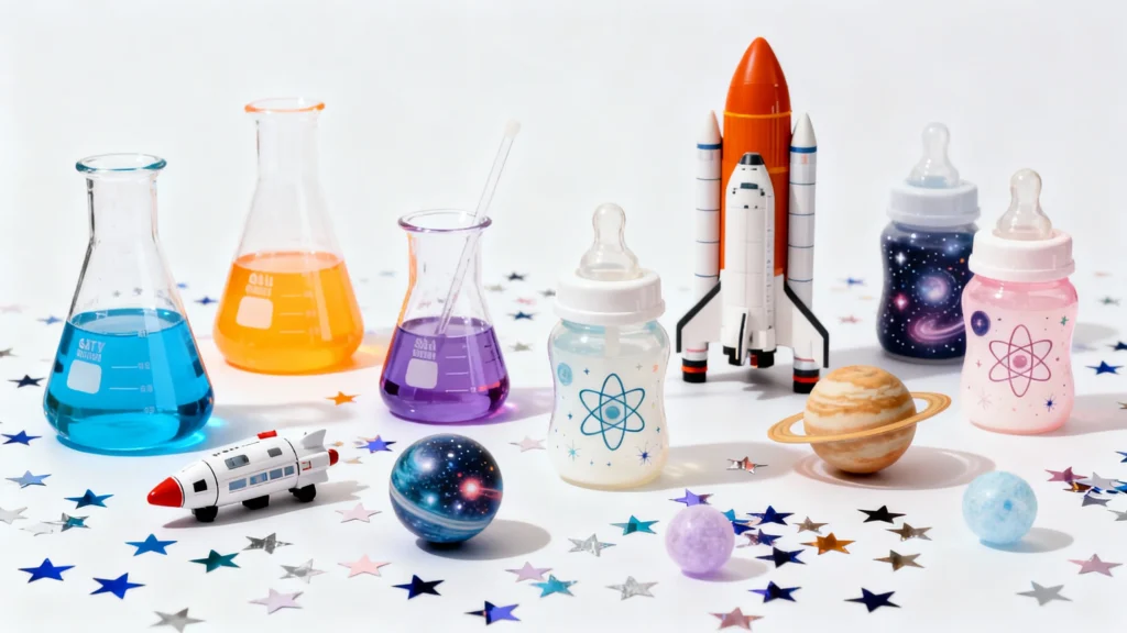 Colorful baby bottles with science and space designs surrounded by toy rockets, planets, and beakers with colored liquids on a white surface