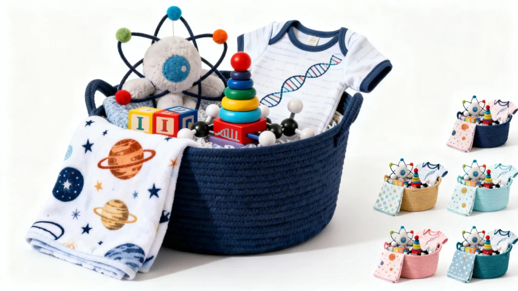 Navy blue baby shower gift basket with science-themed items including a plush atom toy, DNA onesie, colorful stacking toy, building blocks, and a space-themed blanket