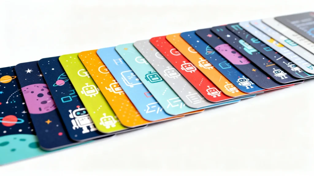Colorful gift cards with space and robot designs arranged in a diagonal row on a white background