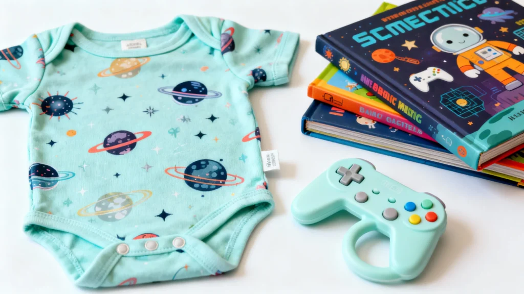 Mint green baby onesie with planet and star patterns next to a stack of colorful children's books and a mint green game controller-shaped teether