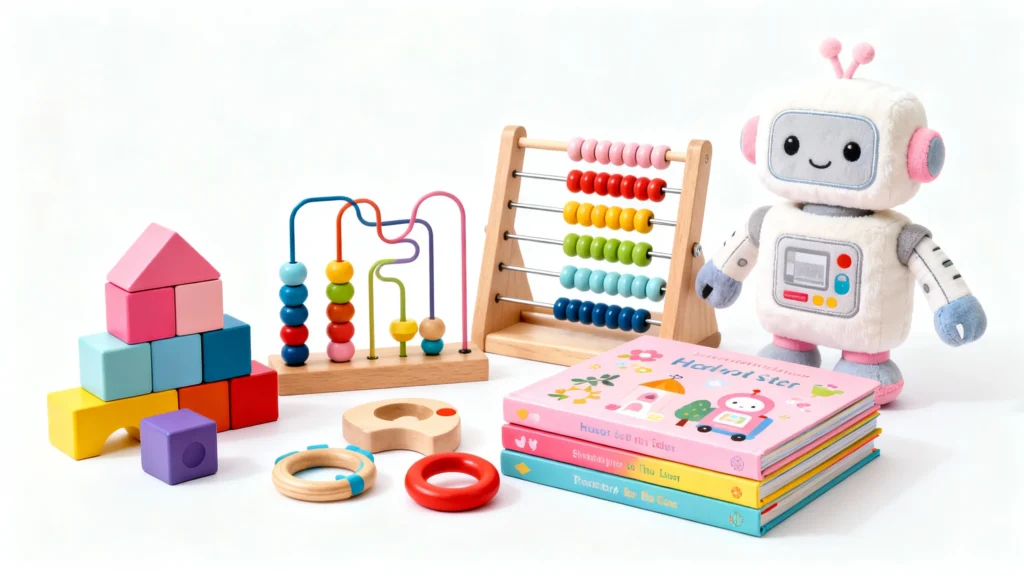 Colorful wooden blocks, bead maze, abacus, plush robot toy, and stack of pink and blue children's books for baby girl gifts