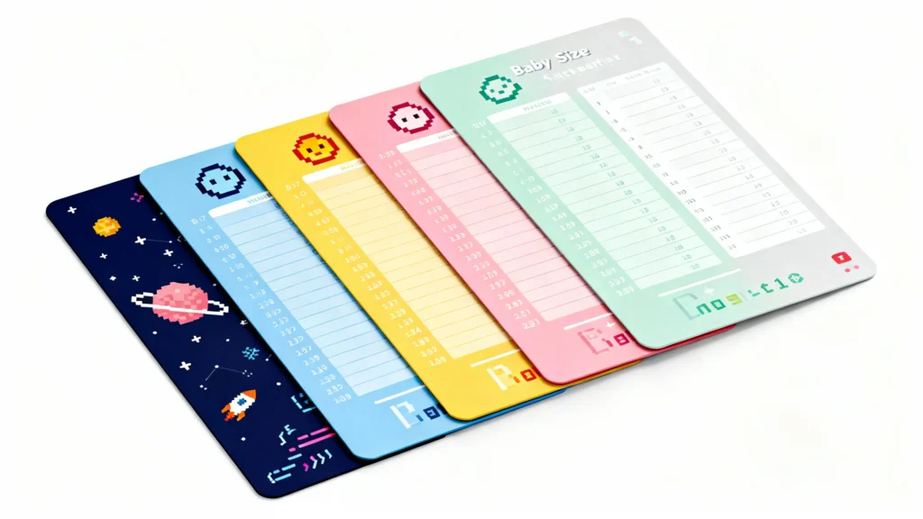 Clear and Colorful Baby Size Charts for Easy Reference Colorful baby size charts with pixel art icons arranged in a fan shape on a white background
