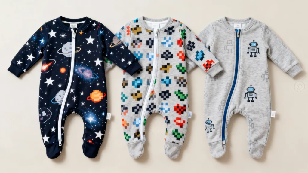 Three baby sleepers with full-length zippers featuring space, pixelated planets, and robot designs