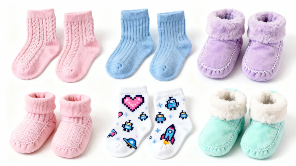 Assorted baby socks and booties in pink, blue, white with robot and rocket designs, and pastel purple and mint green with fur lining