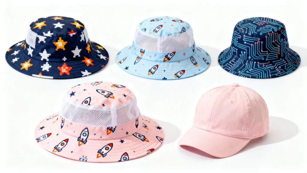 Five baby sun hats including three bucket hats with space and star patterns, one circuit board patterned bucket hat, and one pink baseball cap