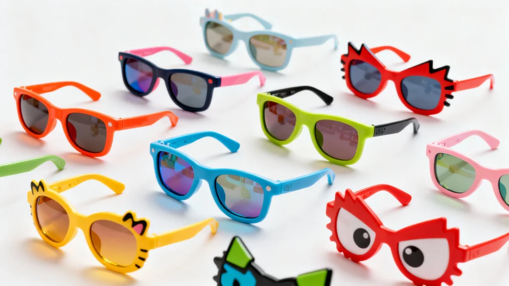 Colorful baby sunglasses in various shapes and bright colors arranged on a white surface