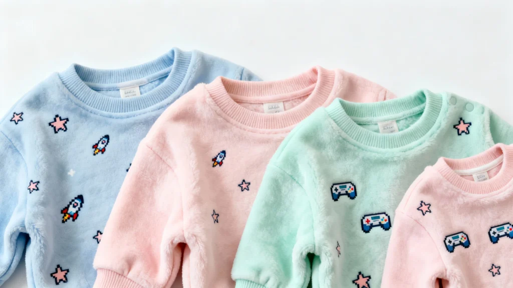 Soft pastel baby sweatshirts in blue, pink, and mint green with pixel art rockets, stars, and game controllers