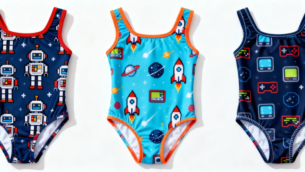 Colorful Baby Swimsuits with Fun Space and Robot Designs Three colorful baby swimsuits with space and robot patterns laid flat on a white background