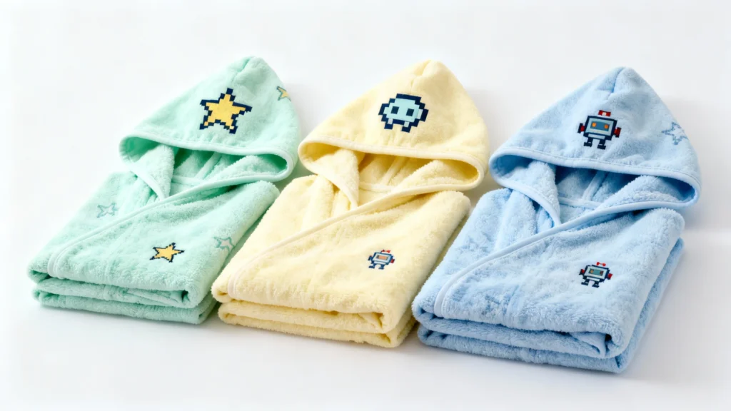 Three folded hooded baby towels in pastel green, yellow, and blue with star and robot designs