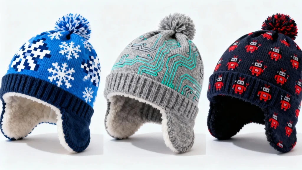 Three baby winter hats with ear flaps and pom-poms, featuring snowflake, circuit board, and robot patterns with fleece lining