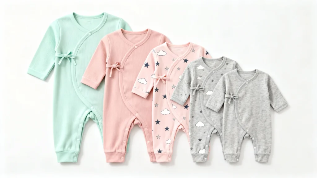 Five bamboo baby pajamas in pastel green, pink, printed pink with stars and clouds, and two gray with cloud and star patterns, laid flat