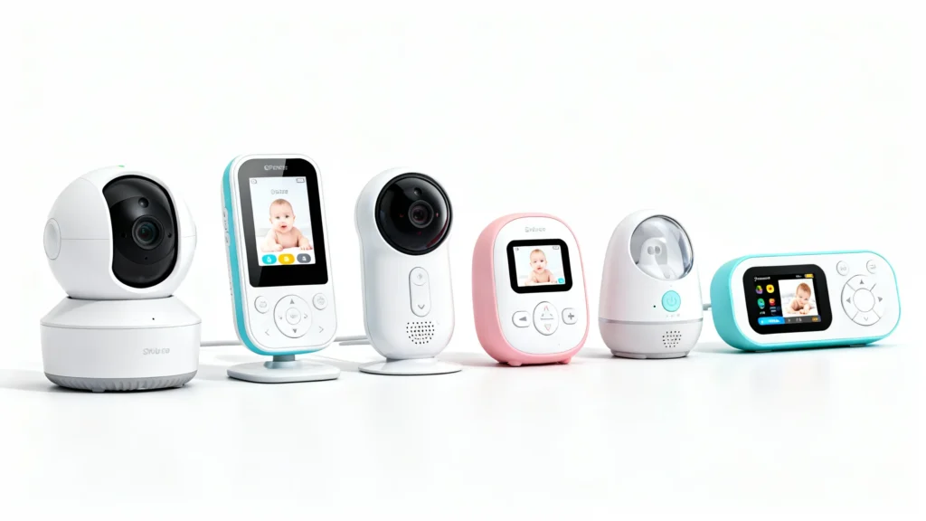 Row of six modern baby monitors with cameras and screens showing baby images on white background