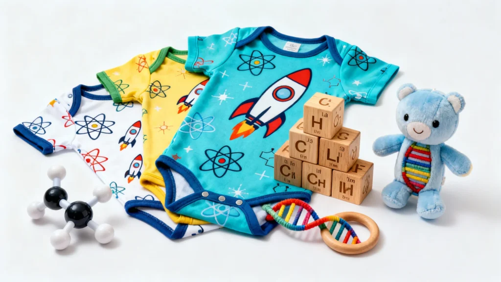 Three colorful baby onesies with rocket and atom designs, wooden chemistry blocks, a molecular model, a DNA teether, and a blue plush bear toy