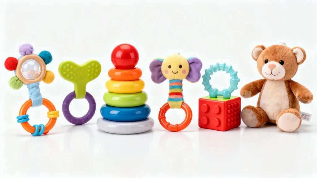 Colorful baby toys including a rattle, teether, stacking rings, plush elephant rattle, teething ring on block, and teddy bear on white background