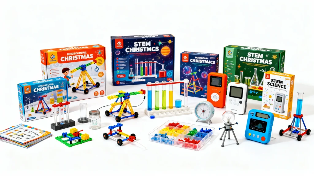 Collection of STEM and science Christmas gift kits for kids including test tubes, building blocks, educational gadgets, and experiment tools