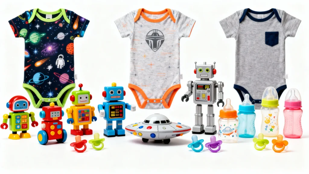 Three baby onesies with space and robot themes, colorful toy robots, pacifiers, a flying saucer toy, and baby bottles arranged on a white background