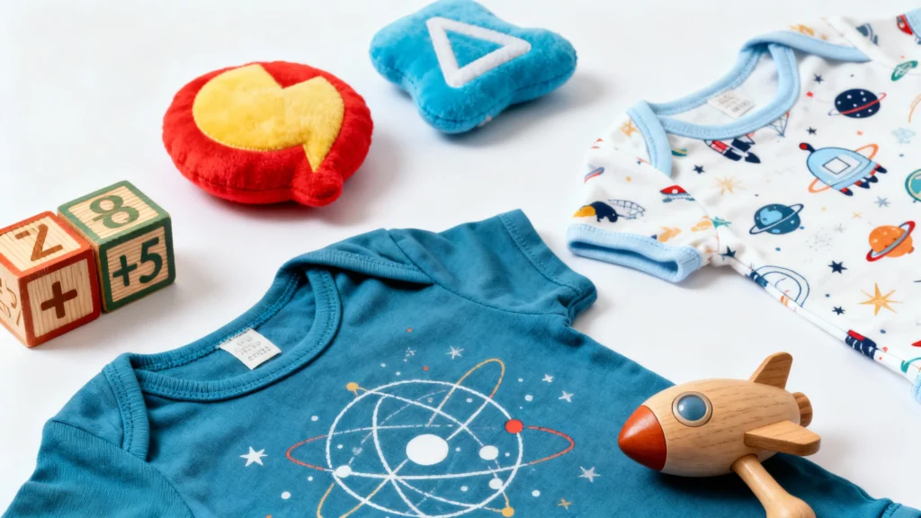 Two baby onesies with space-themed prints, wooden toy rocket, plush shapes, and wooden blocks with numbers and math symbols