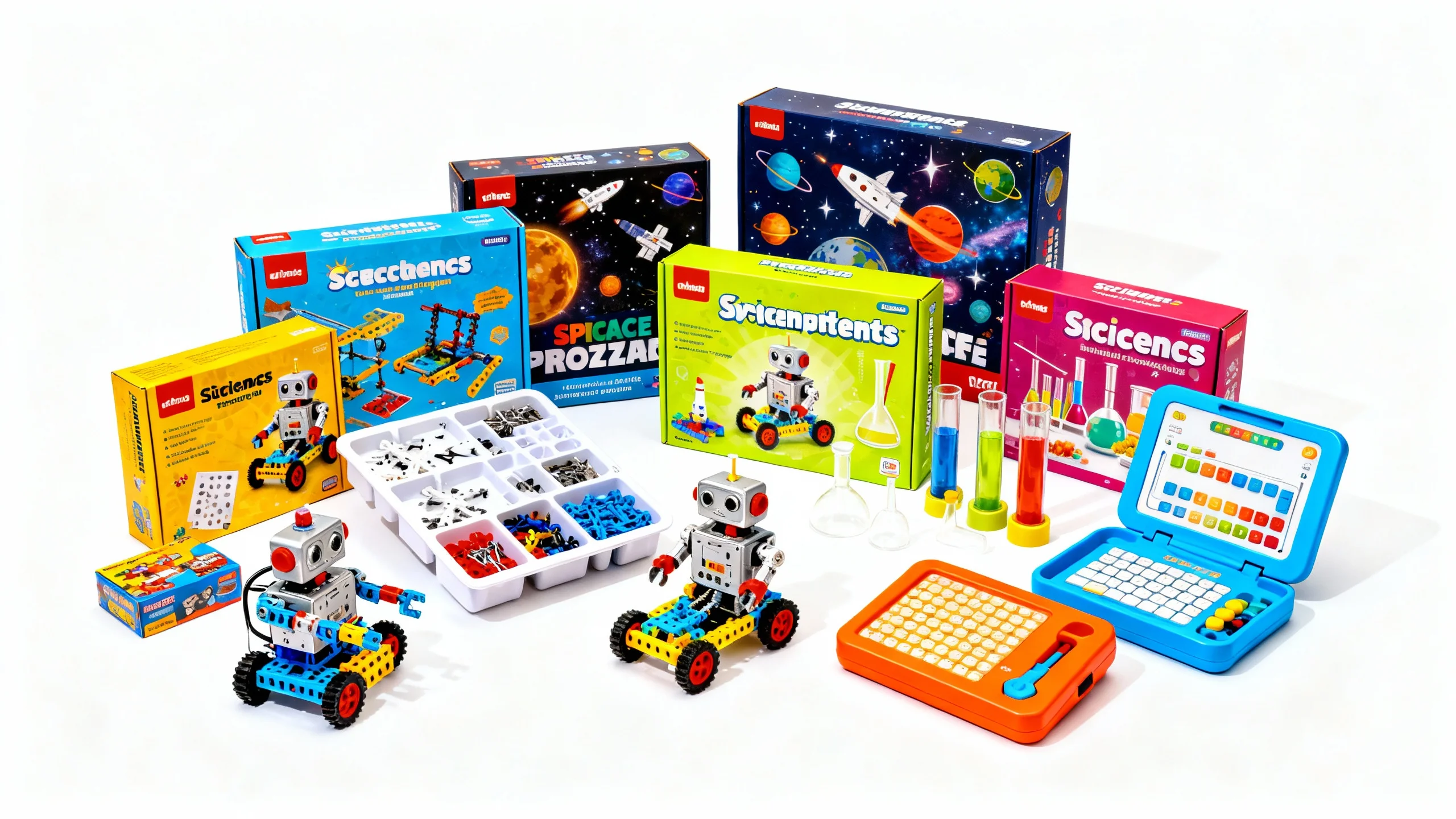 Colorful educational science and robot building kits for kids including robots, test tubes, and electronic learning toys