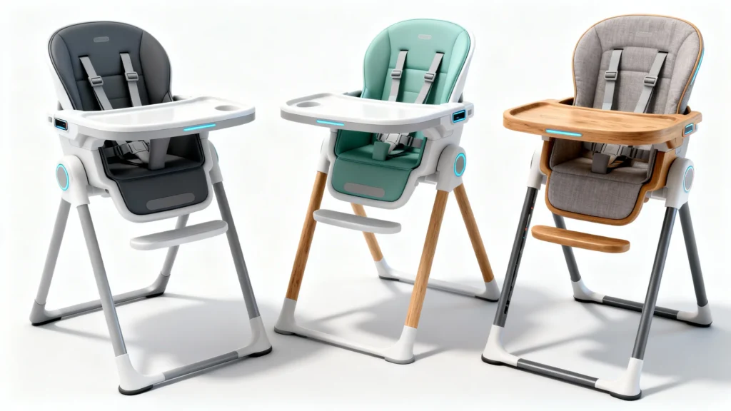 Three modern high chairs for babies with adjustable trays and safety harnesses in gray, teal, and wood finish designs