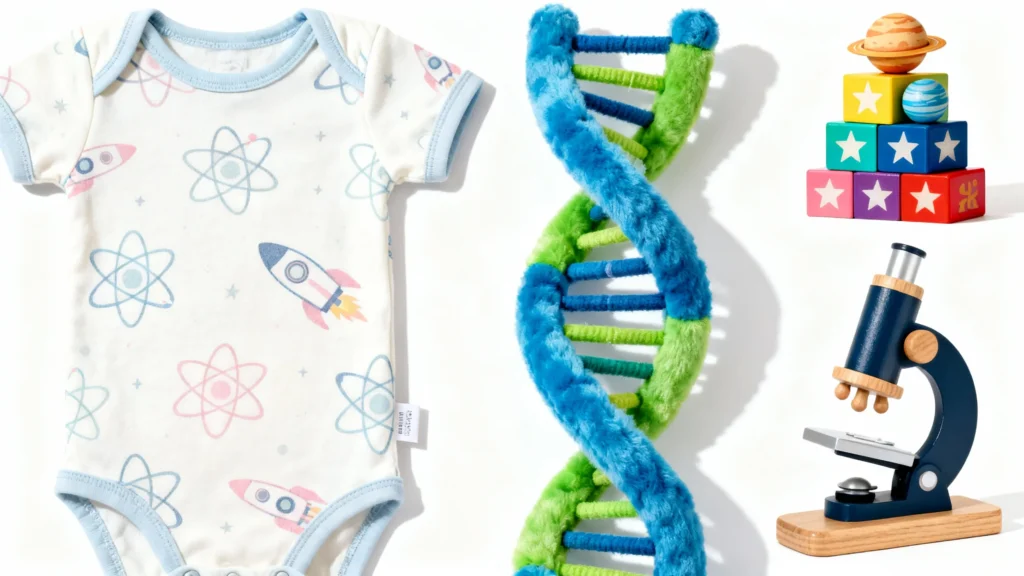 Newborn onesie with space and atom patterns, plush DNA model, wooden stacking blocks with planets, and a toy microscope on white background