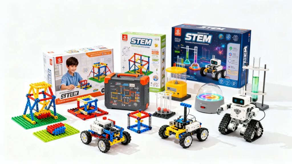 Collection of STEM educational toys including building sets, robotic cars, science experiment kits, and a small robot on a white background