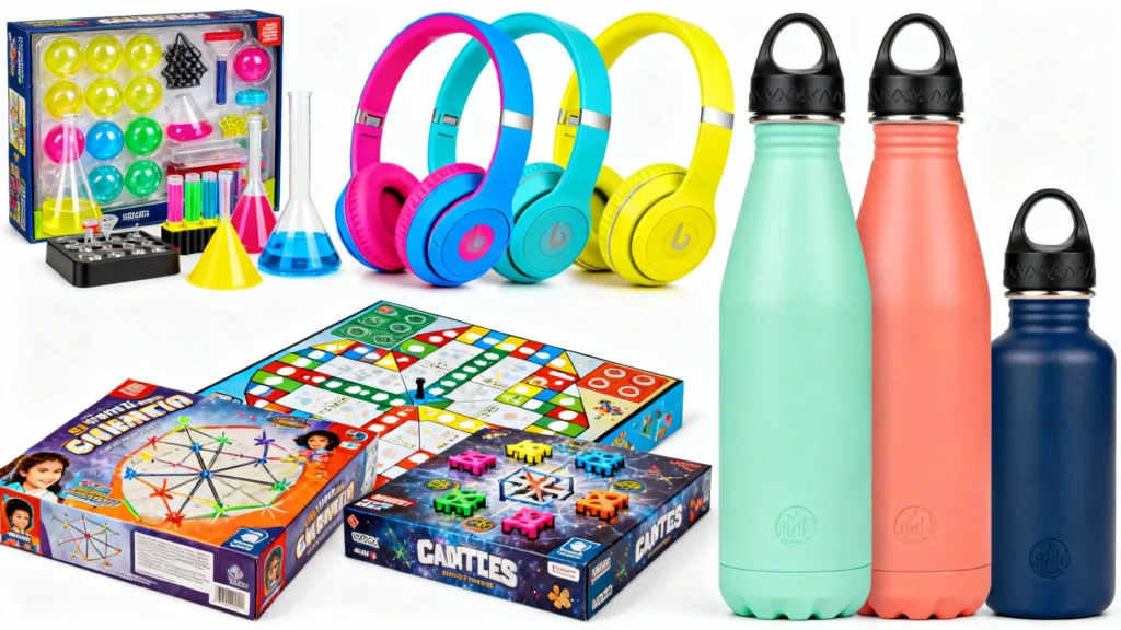 Colorful science kit, three pairs of bright headphones, two board games, and three reusable water bottles in pastel colors for tweens