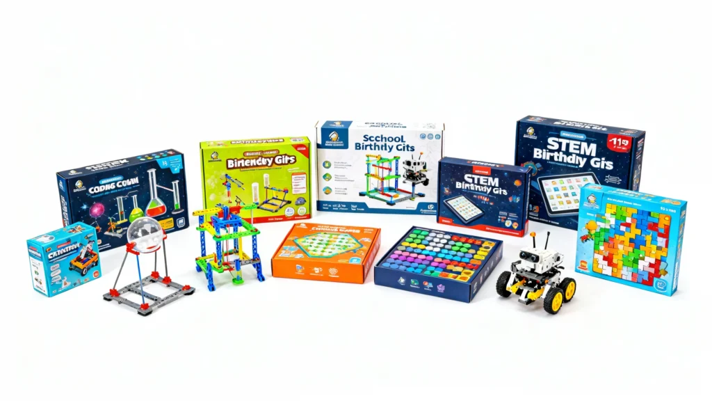 Variety of STEM-themed birthday gift kits for 11 year olds including coding, robotics, chemistry, and puzzle sets