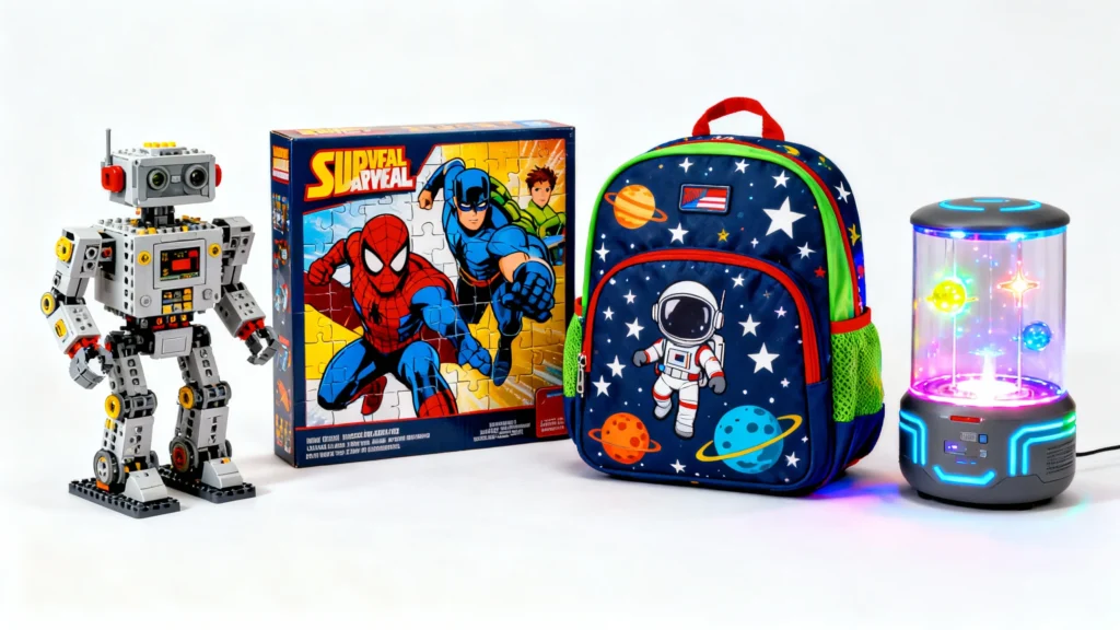 Robot toy, superhero puzzle box, astronaut-themed backpack, and colorful LED night light for boys