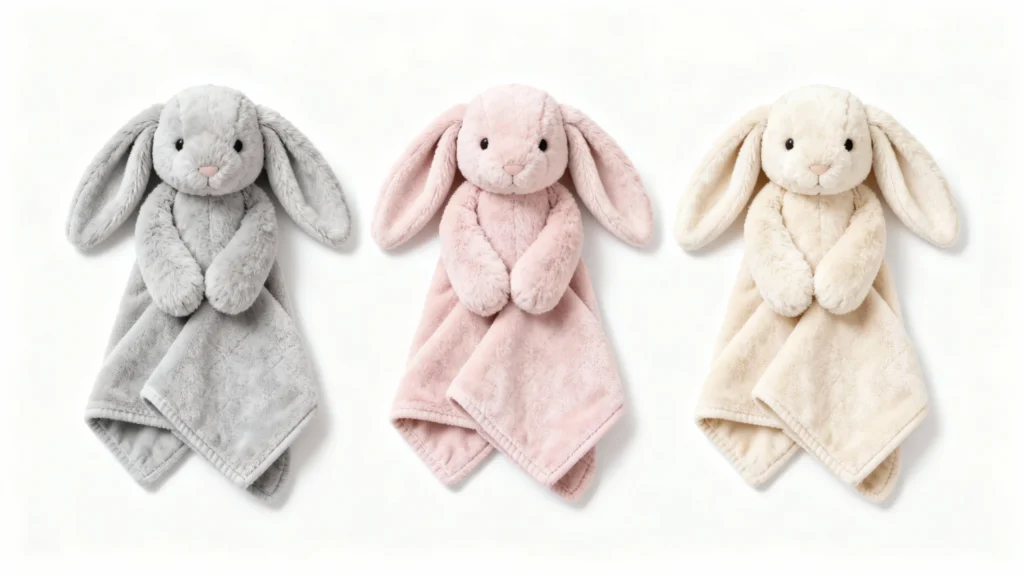 Three soft plush bunny blankets in gray, pink, and cream colors with long ears and attached lovey blankets
