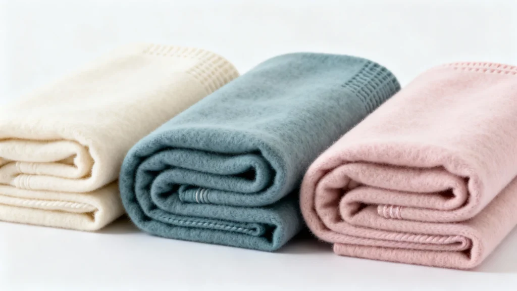 Three folded cashmere baby blankets in cream, blue, and pink colors on a white surface