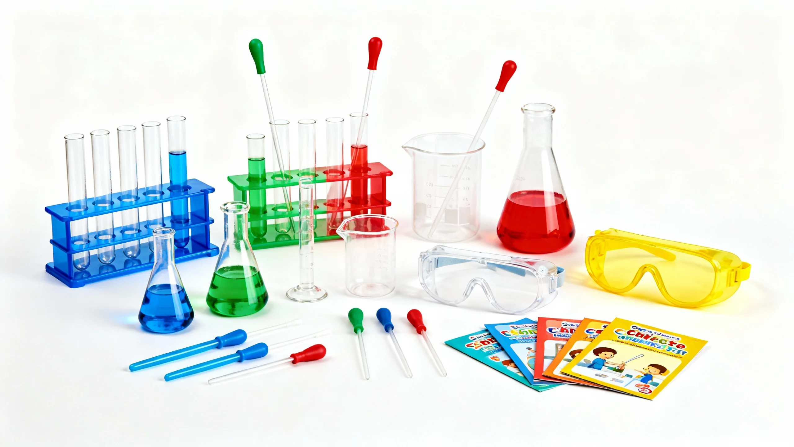 Colorful kids chemistry set with test tubes, beakers, droppers, safety goggles, and instruction booklets on a white background