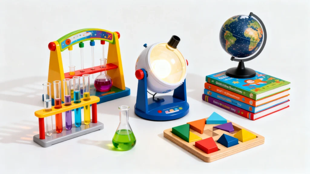 Colorful children's science toys including test tubes, a globe, a light projector, educational books, and geometric puzzle pieces on a white background