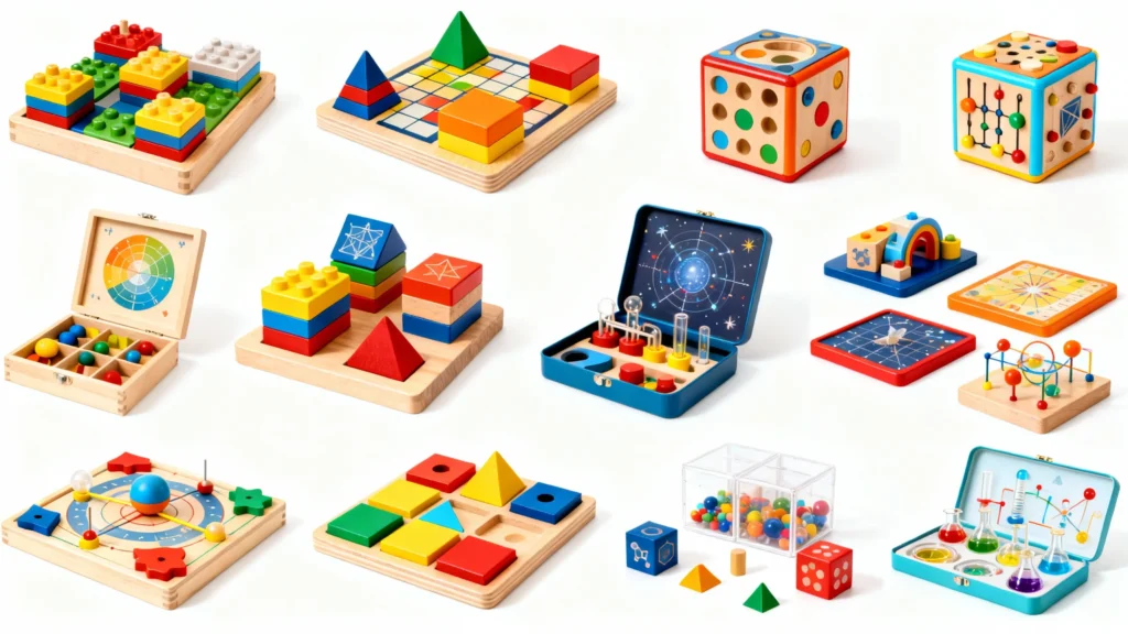 Colorful educational wooden toys and puzzles for kids including building blocks, shape sorters, and science kits on a white background