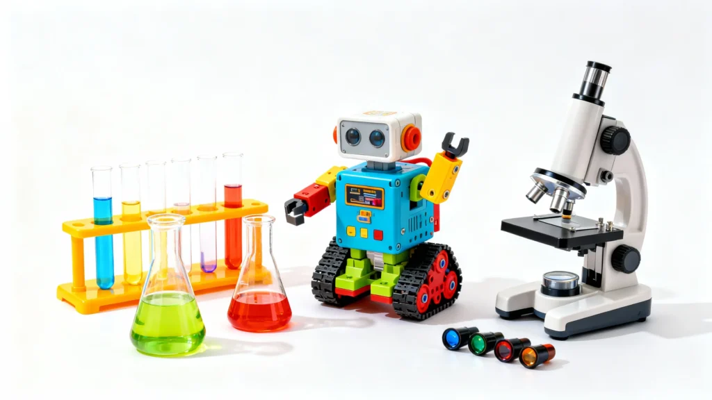 Colorful STEM toys for kids including a robot, microscope, test tubes with liquids, and beakers on a white background