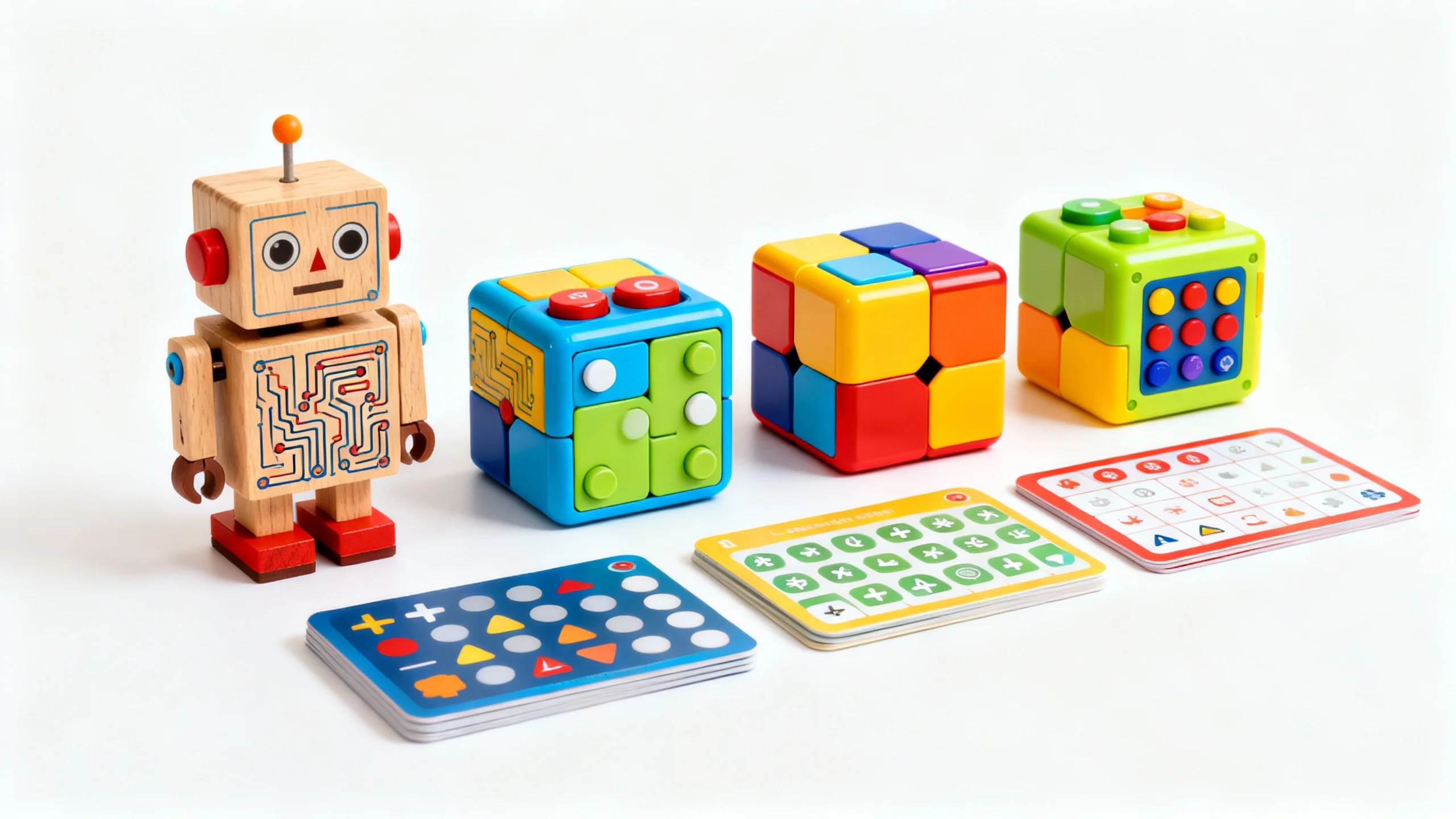 Wooden robot toy and colorful coding puzzle cubes with matching instruction cards for kids