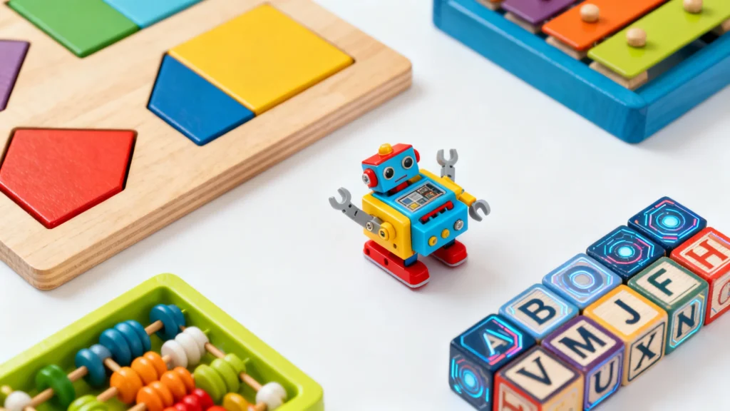 Colorful educational toys for kids including a wooden shape puzzle, abacus, alphabet blocks, and a small toy robot on a white surface