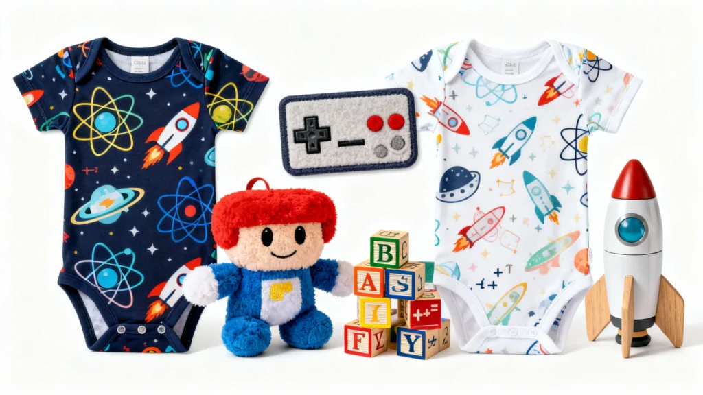 Two newborn onesies with space and rocket prints, a plush toy with red hair, wooden alphabet blocks, a retro game controller patch, and a wooden rocket toy