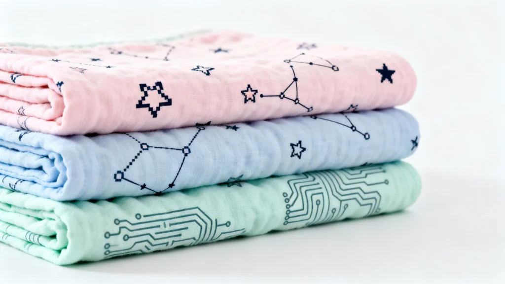 Stack of three folded cotton baby blankets in pastel pink, blue, and green with star and circuit patterns