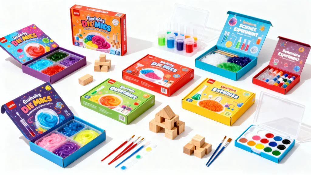 Colorful kids arts and science experiment kits with paintbrushes, wooden blocks, and paint palette on white background
