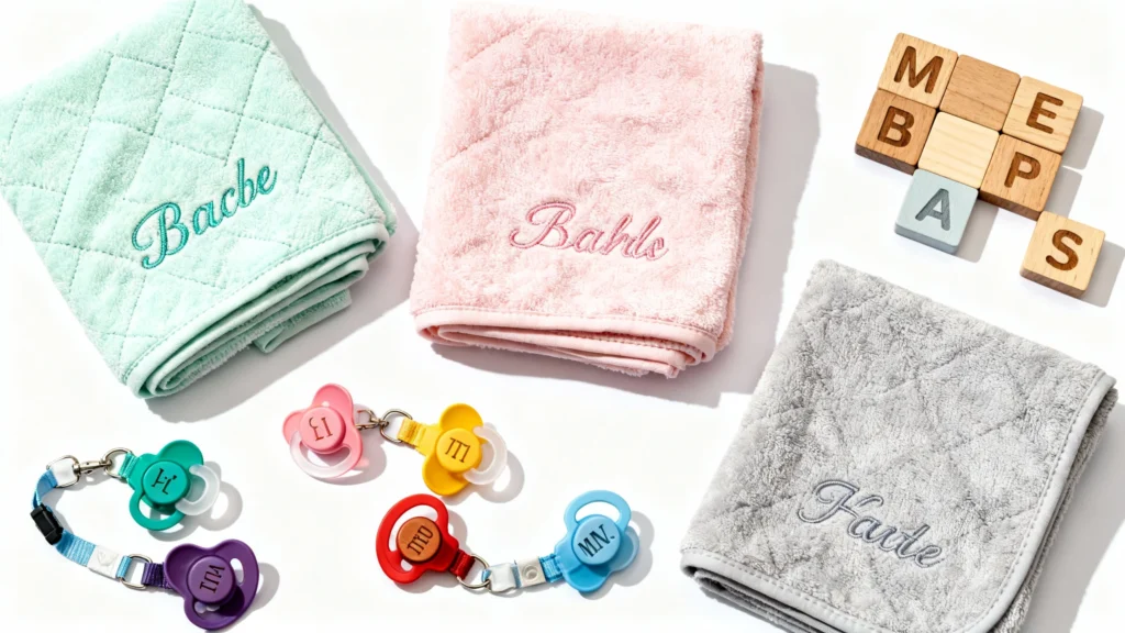 Three personalized baby blankets in mint, pink, and gray with embroidered names and colorful pacifiers with initials on a white background