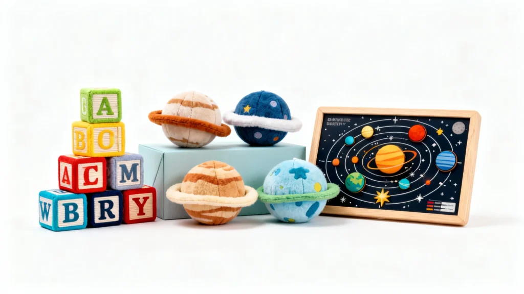 Stack of colorful alphabet blocks, plush planets, and a wooden solar system puzzle for educational baby shower gifts