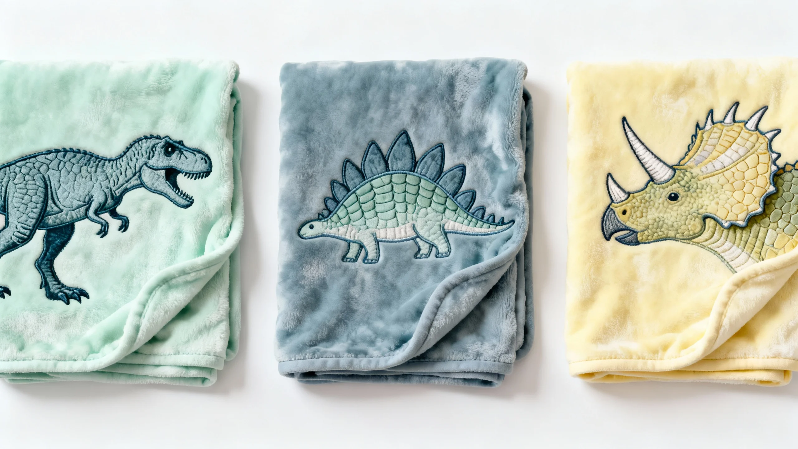 Three folded plush dinosaur blankets featuring a T-Rex, Stegosaurus, and Triceratops on pastel backgrounds