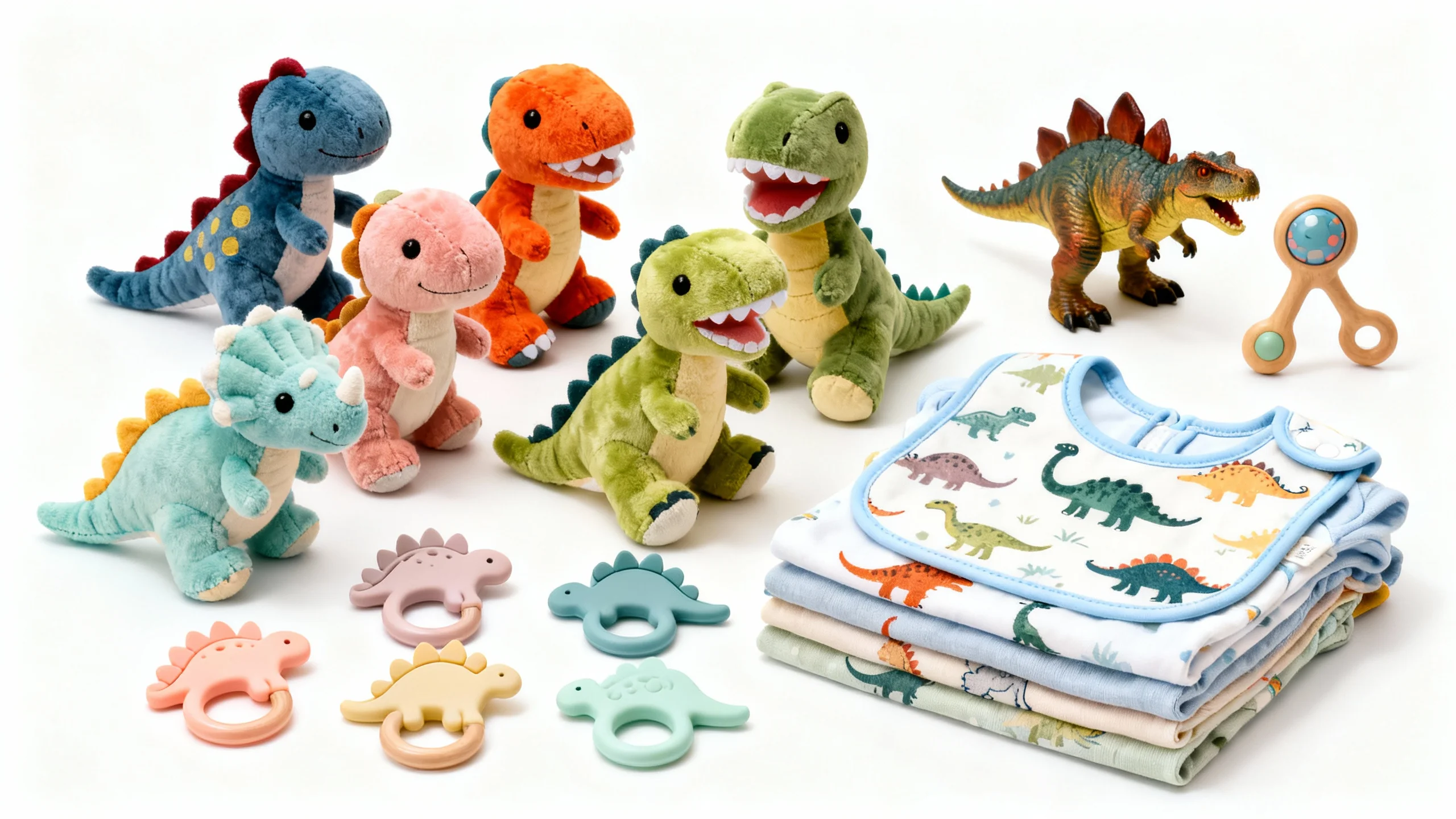 Colorful dinosaur plush toys, dinosaur teething rings, dinosaur figurine, baby bib with dinosaur prints, and folded dinosaur-themed baby clothes
