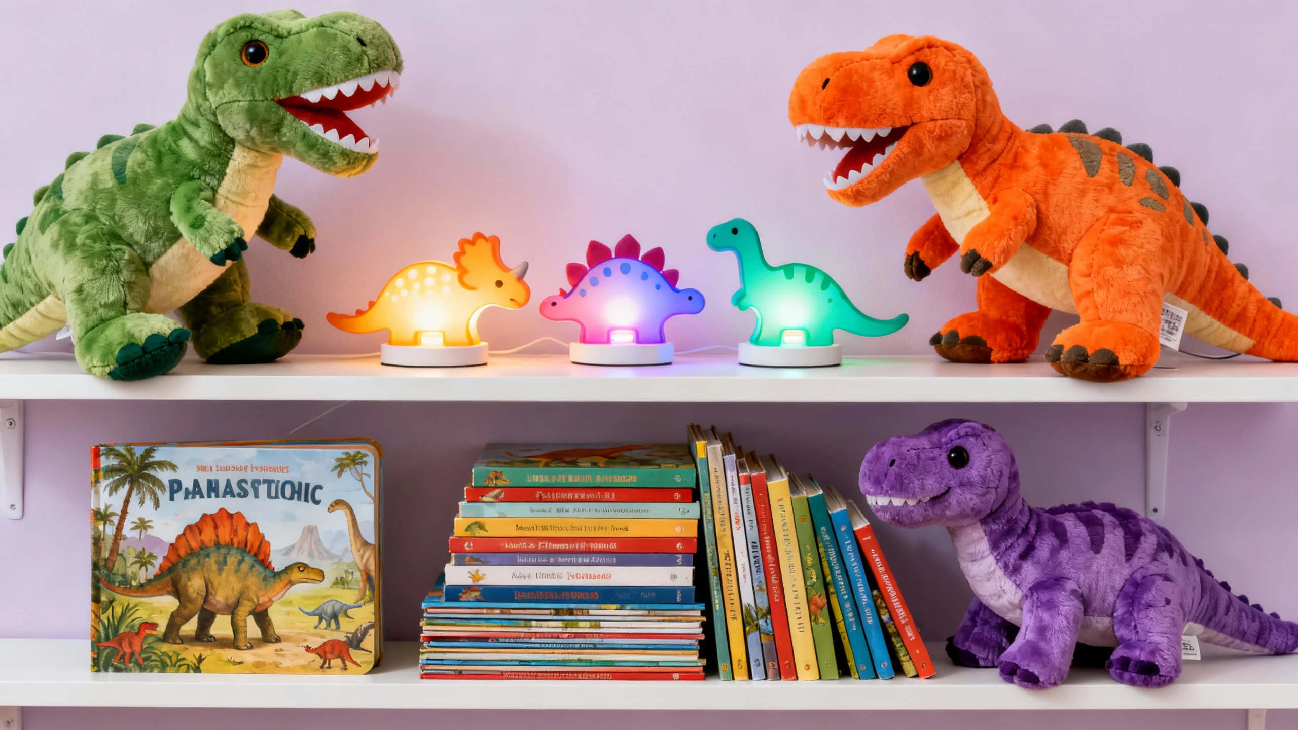 Colorful dinosaur plush toys and dinosaur-shaped night lights on white shelves with children's books below