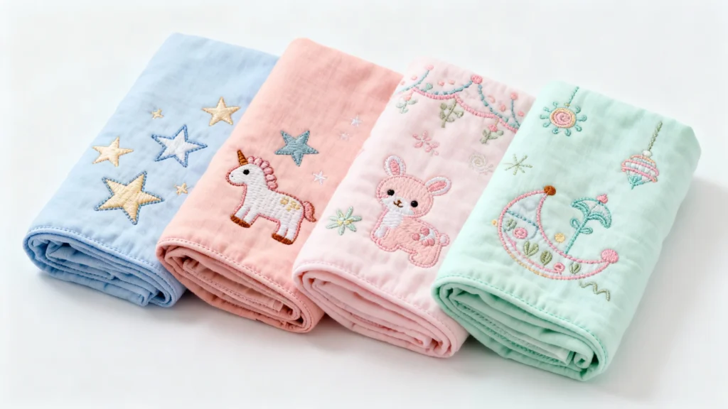 Four folded embroidered baby blankets in pastel colors with star, unicorn, bunny, and boat designs