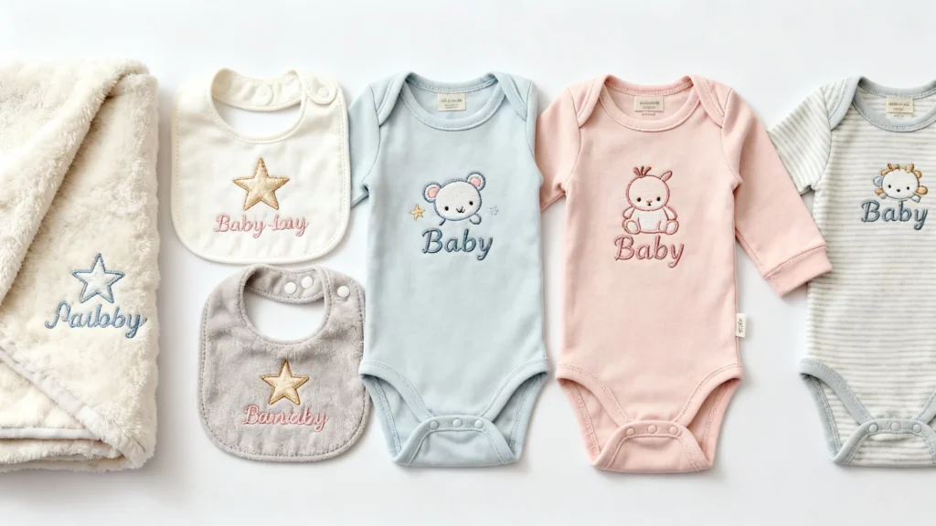 Personalized embroidered baby gifts including soft blanket, bibs, and bodysuits with cute animal and star designs