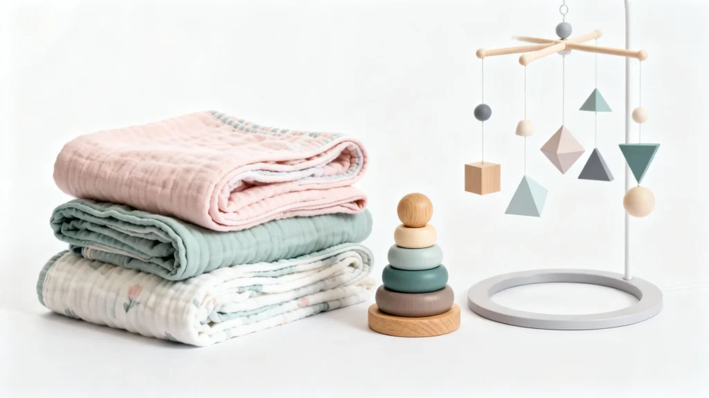 Stack of soft pastel baby blankets next to a wooden stacking toy and a geometric hanging baby mobile
