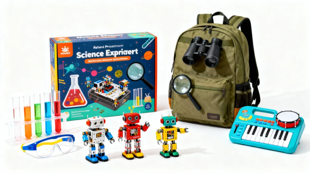 Kids science experiment kit with colorful test tubes, safety goggles, three small robots, green backpack with binoculars and magnifying glass, and toy keyboard drum set